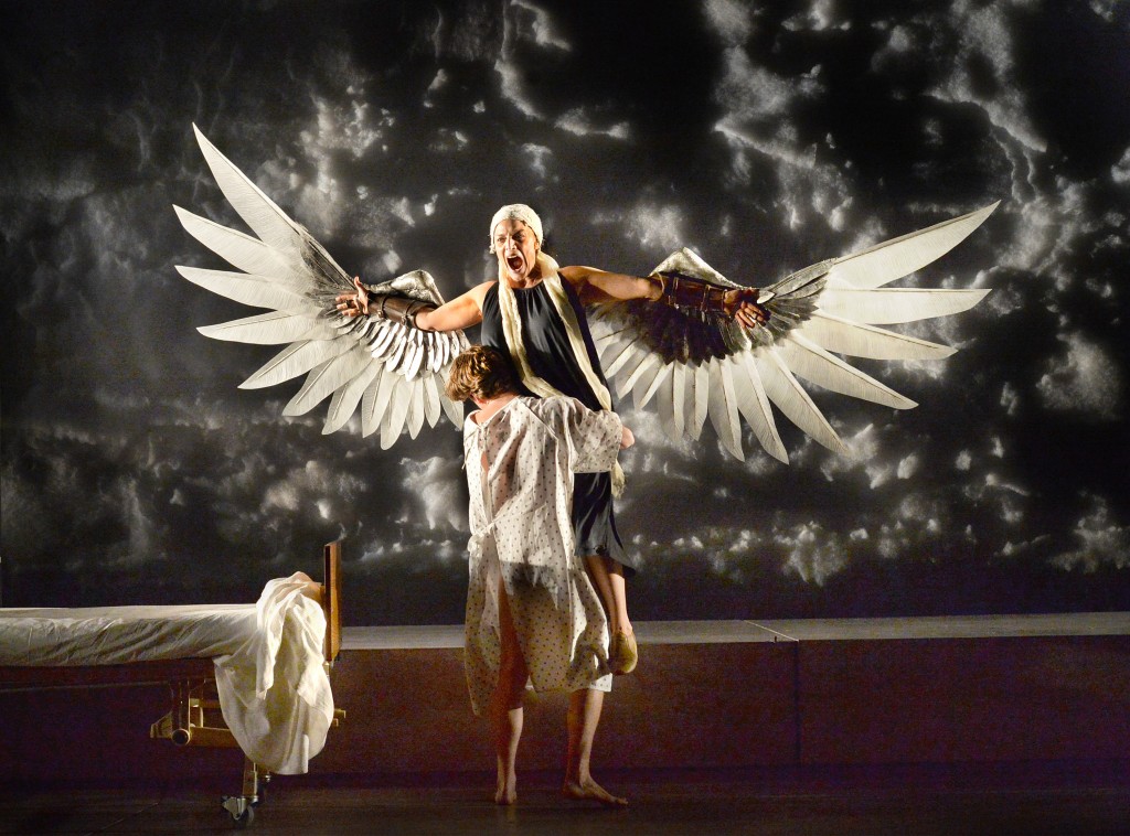 Prior Walter (Seamus Mulcahy) literally and figuratively wrestles with the angel (Jennifer Engstrom). 