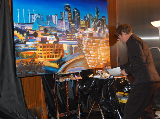 During the 2015 Harvest Ball, Gladstone artist Paul Eade painted the Kansas City skyline looking north from the iconic Scout sculpture. His two paintings were auctioned for more than $8,000.