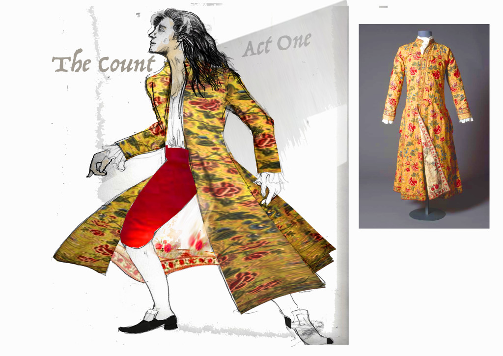 Leslie Travers has created stylized 18th-century costumes and set designs, as seen here in the design for one of the Count's outfits
