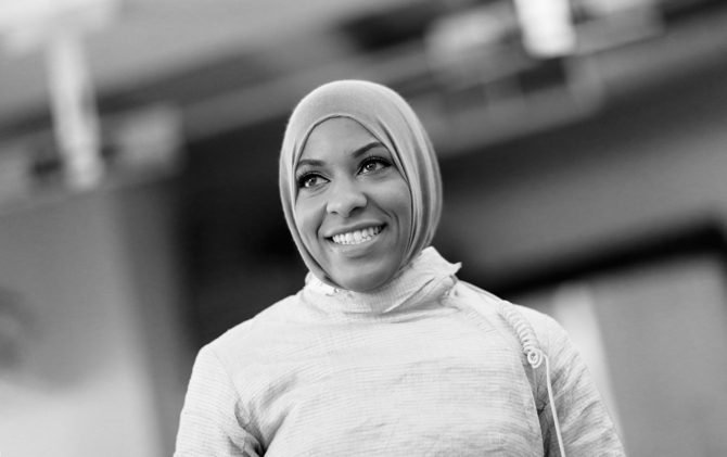 NEW YORK, NY - JULY 07: American Olympic fencer Ibtihaj Muhammad takes a break during a training session at the Fencers Club on July 7, 2016 in New York City. Muhammad will be the first Muslim women to represent the United States while wearing a hijab. (Photo by Ezra Shaw/Getty Images)
